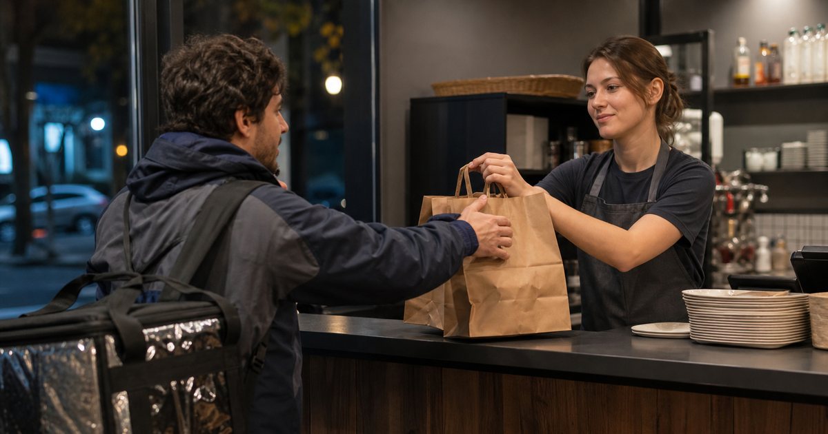 Delivery courier with an insulated bag picking up a paper takeout order from a restaurant counter, staff handing over sealed bags, evening street visible through the window