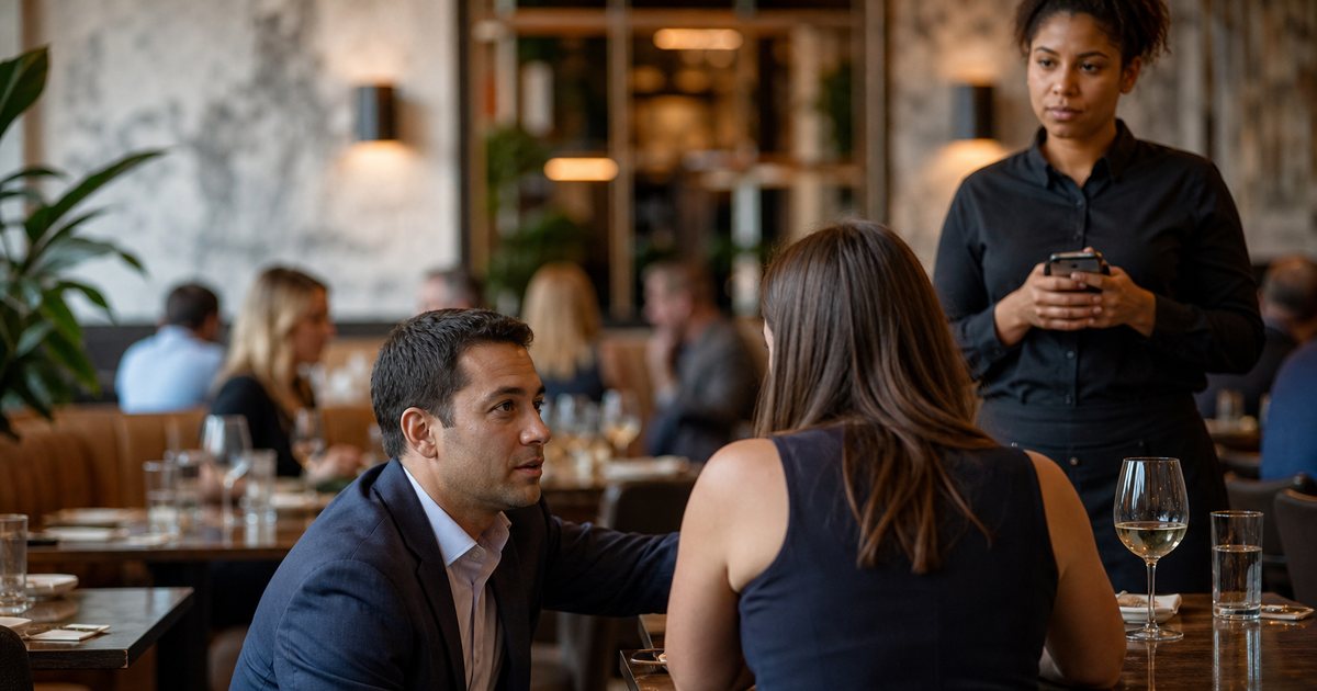 Restaurant manager kneeling beside a seated guest at a dining table, speaking calmly, a server standing nearby holding a phone, other diners softly out of focus