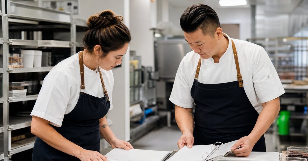 Two chefs in matching aprons comparing printed recipe binders across a stainless steel counter in a bright commissary kitchen, ingredient bins and scales nearby