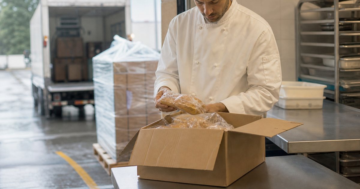 Restaurant receiving dock at morning delivery, chef in white coat inspecting a cardboard case of packaged bread rolls, delivery pallet, stainless steel prep table, natural light